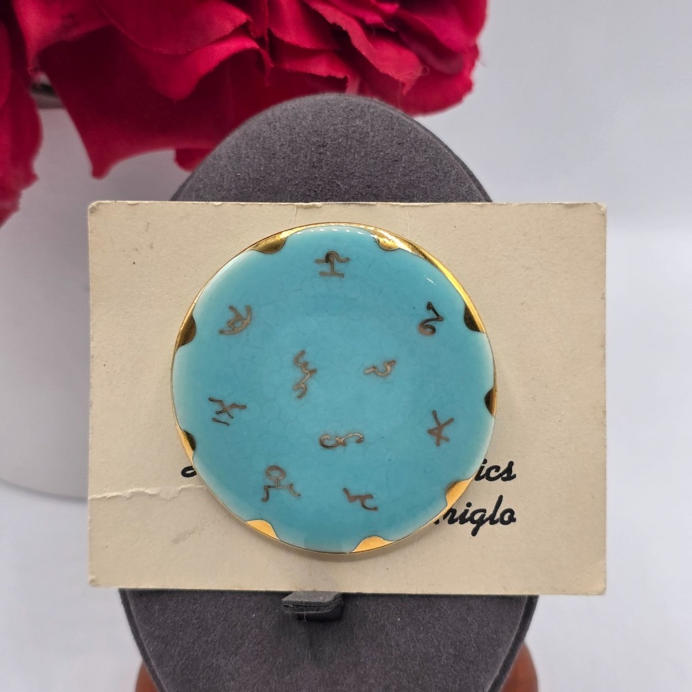 Ariglo Handmade Zodiac Turquoise Ceramic Brooch Gold Tone Symbols Vintage Pin